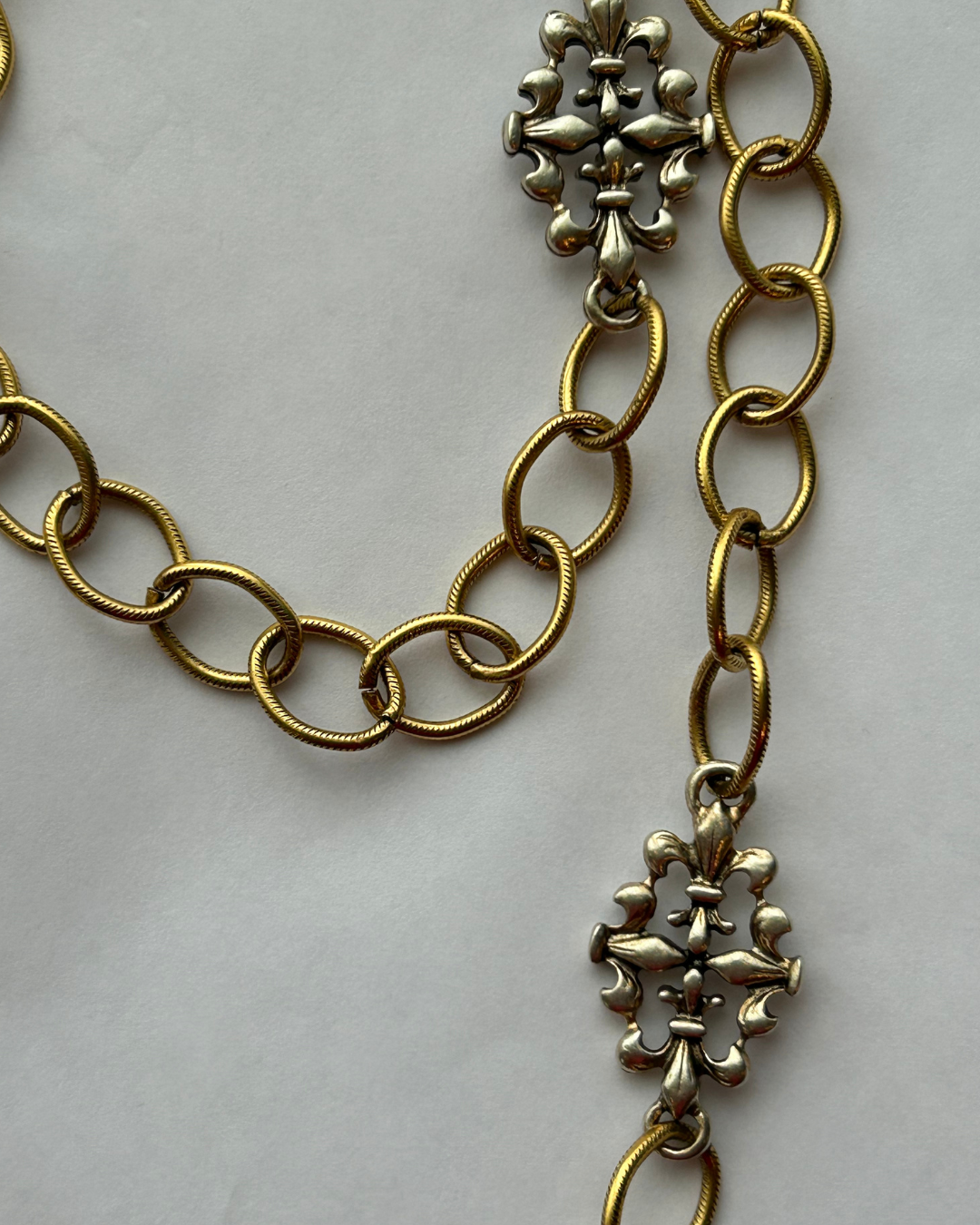 Mixed Metal Sterling And Gold Plated 36" Chain With Vintage Reproduction Fleur De Lis Accents