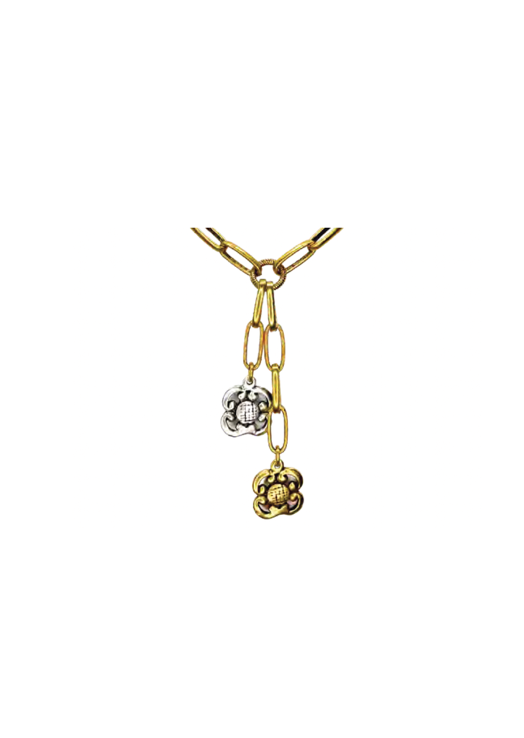 18" Vintage Gold Plated And Silver Clover Charm Necklace