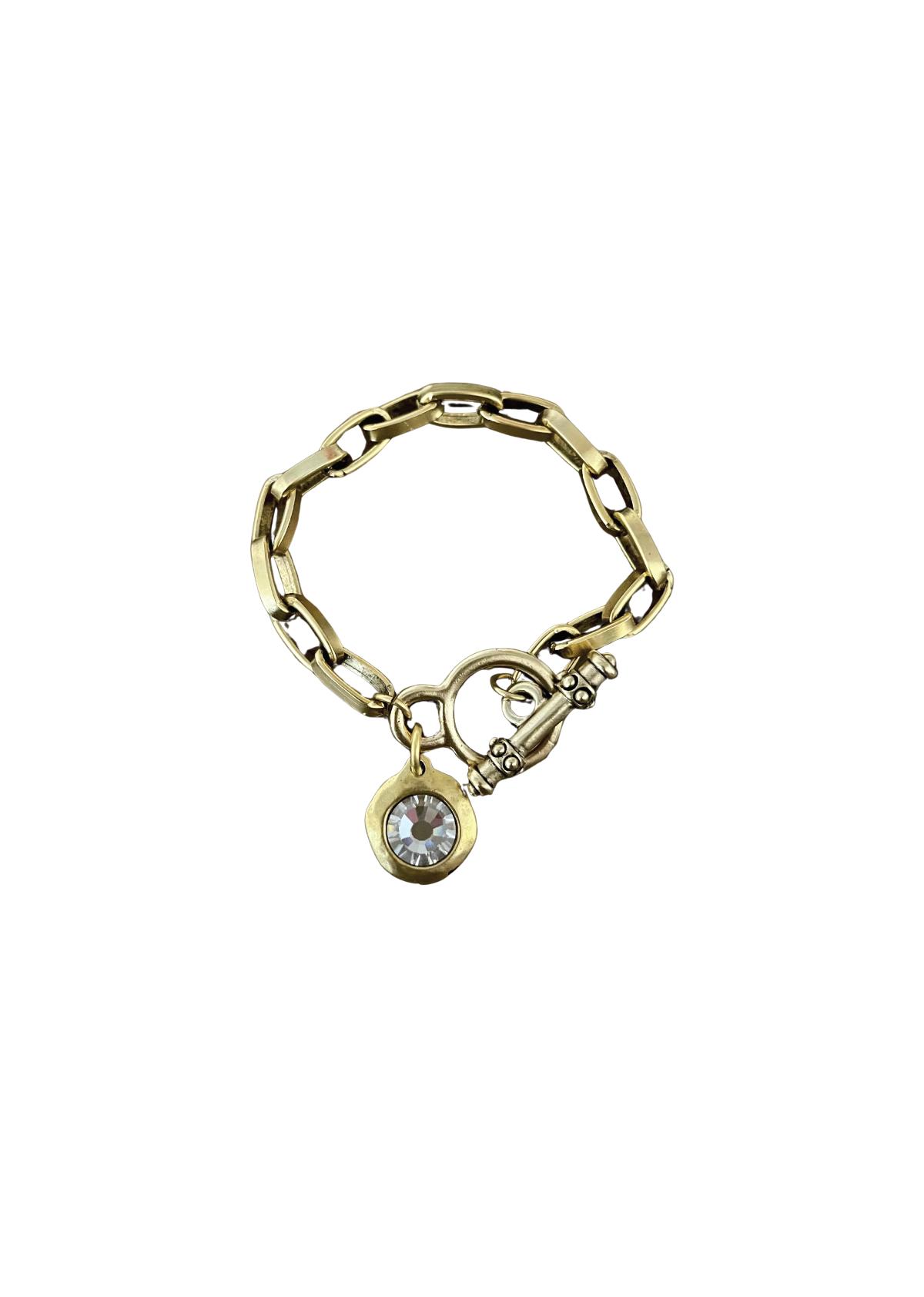 Gold Plated Chain And Toggle Bracelet With Swarovski Crystal Charm 7.5"