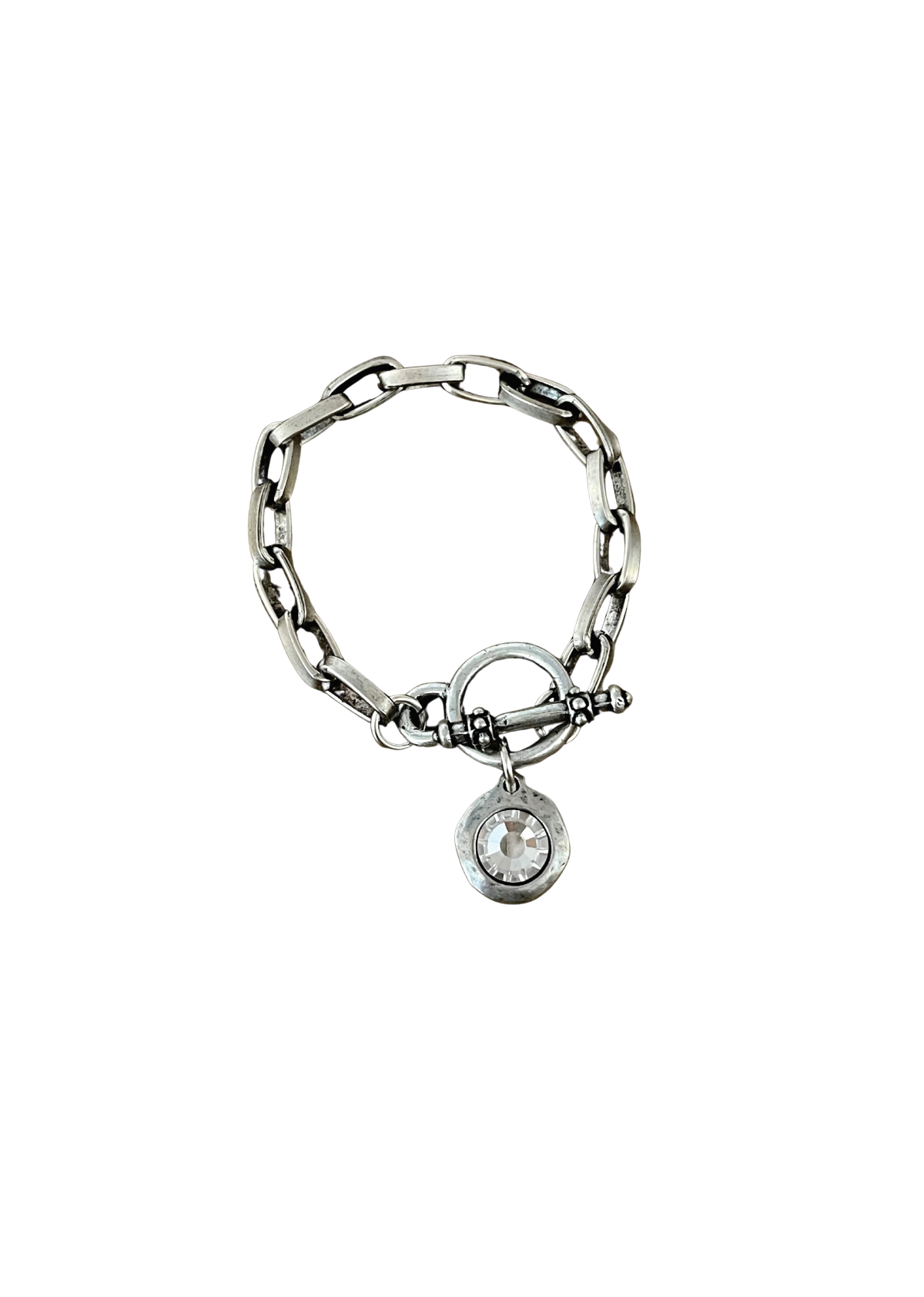 Sterling Plated Chain And Toggle Bracelet With Swarovski Crystal Charm 7.5"