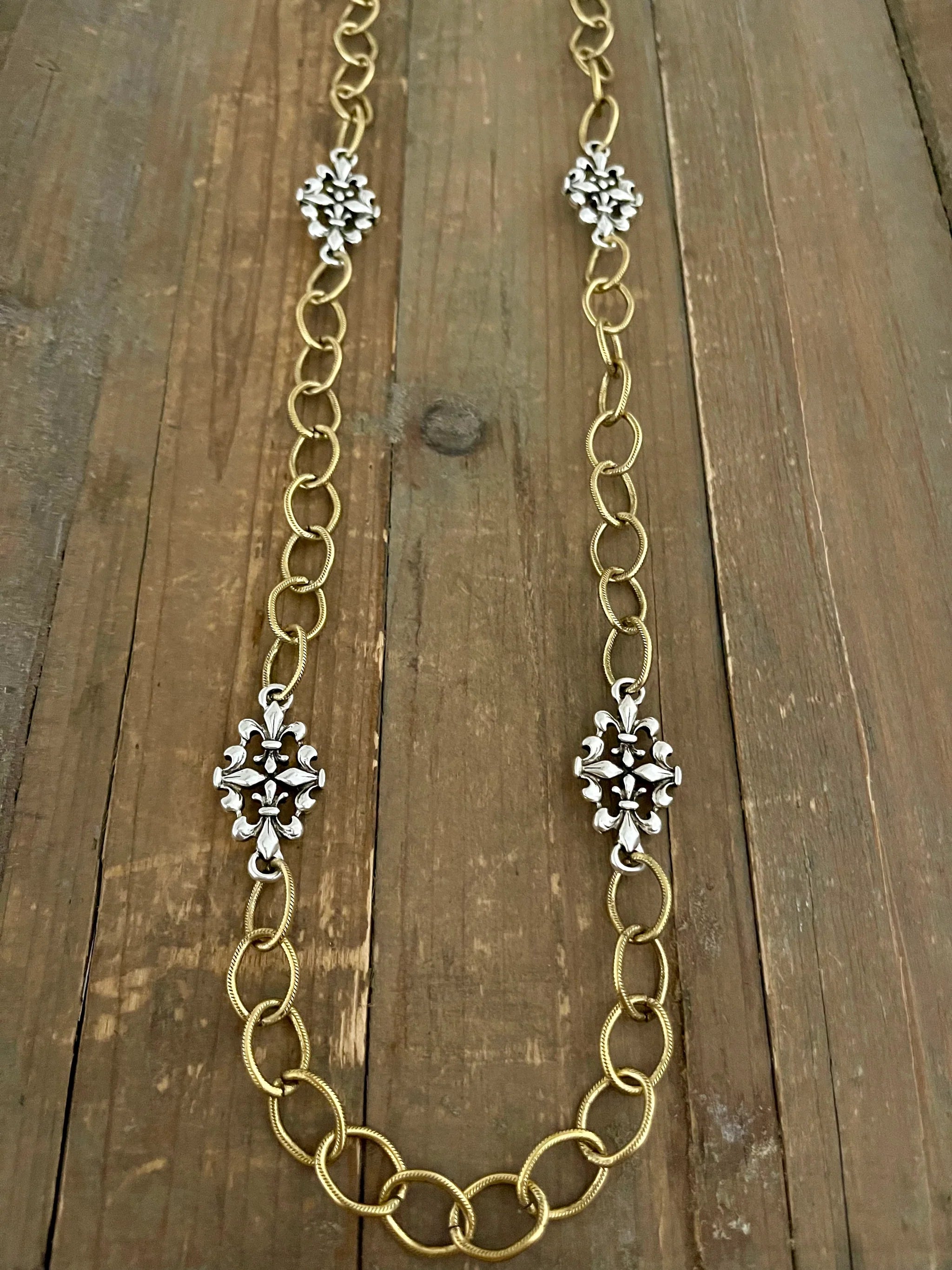 Mixed Metal Sterling And Gold Plated 36" Chain With Vintage Reproduction Fleur De Lis Accents