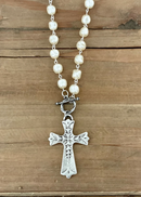 Vintage Pearl Silver Chain And Toggle With Vintage Silver Cross Pendant