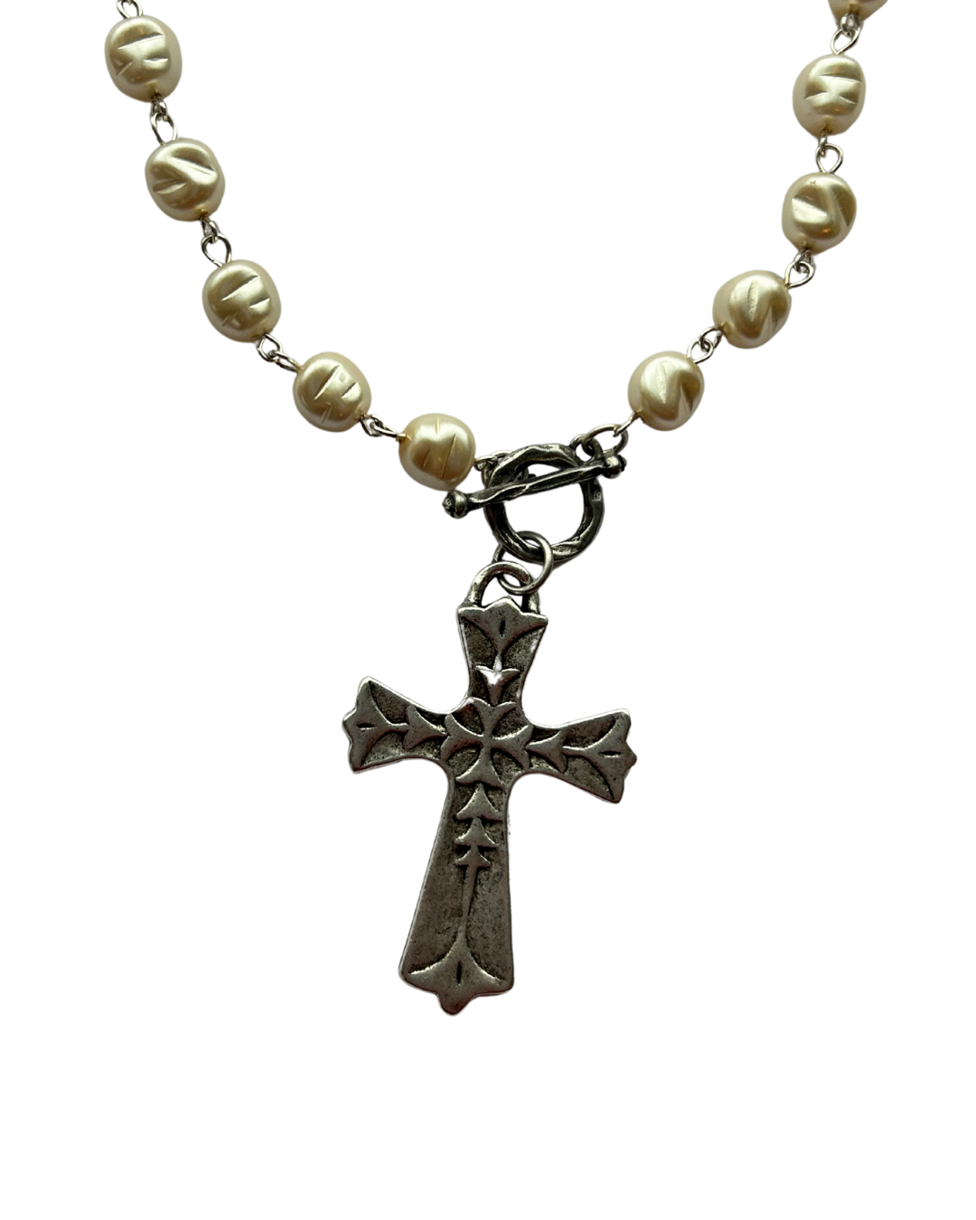 Vintage Pearl Silver Chain And Toggle With Vintage Silver Cross Pendant