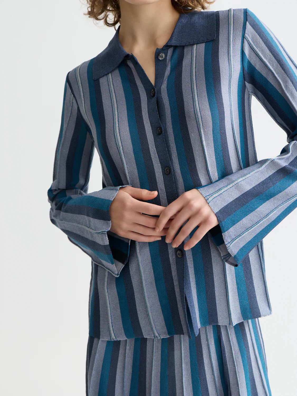 Pleated Stripe Collared Cardigan