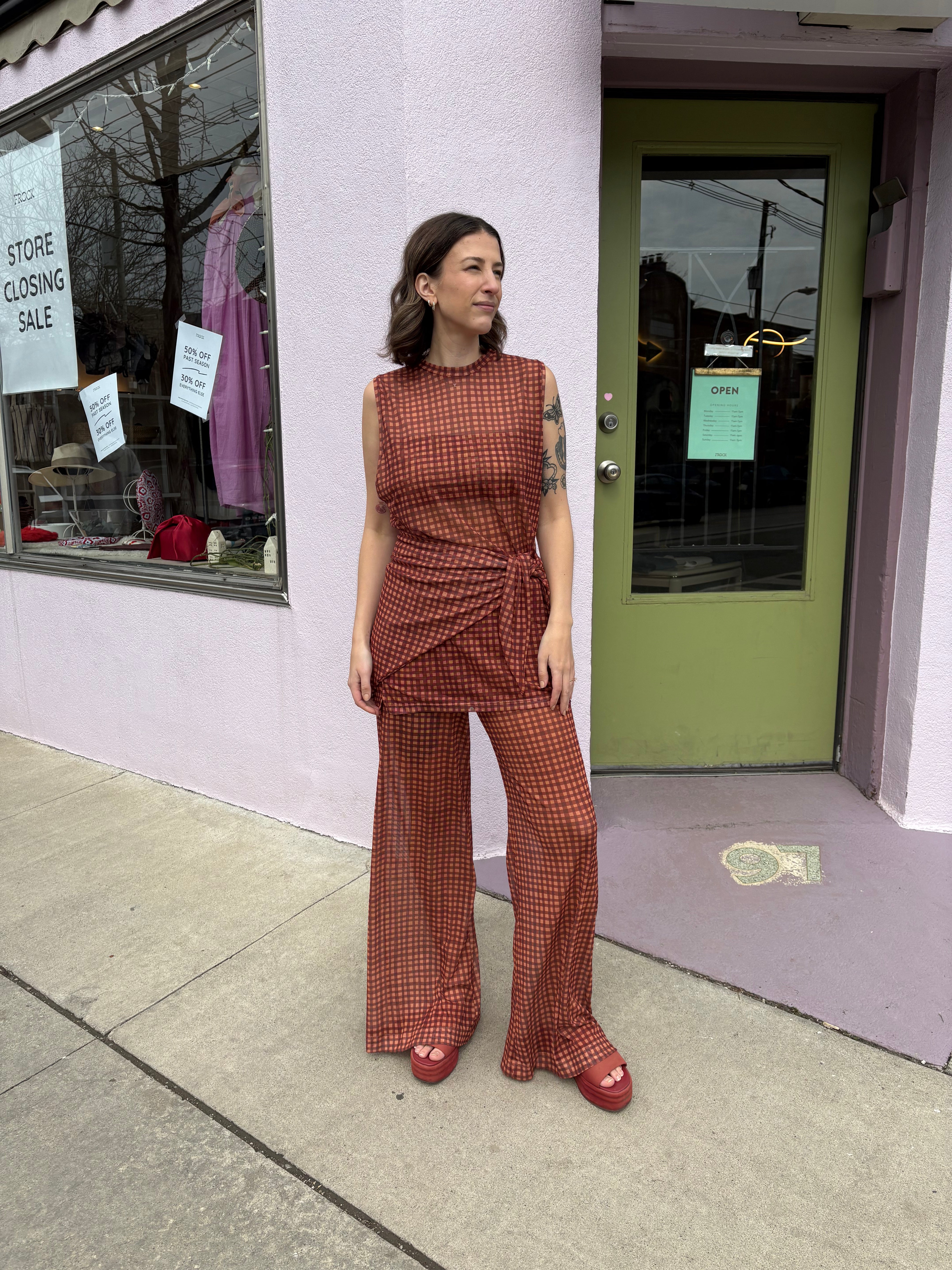 Vichy Print Mesh Pants